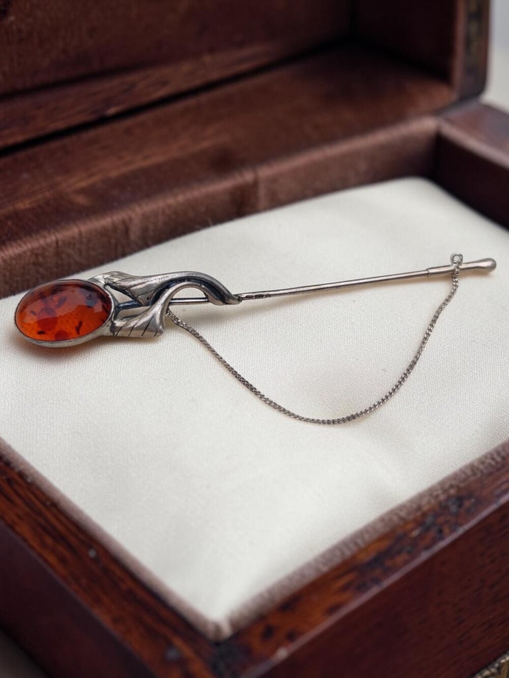 Antique Sterling Silver Baltic Amber Large Hat Pin